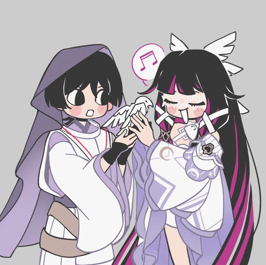 1boy, 1girl, aracanthus38633, armor, bird, bird_on_hand, black_eyes, black_hair