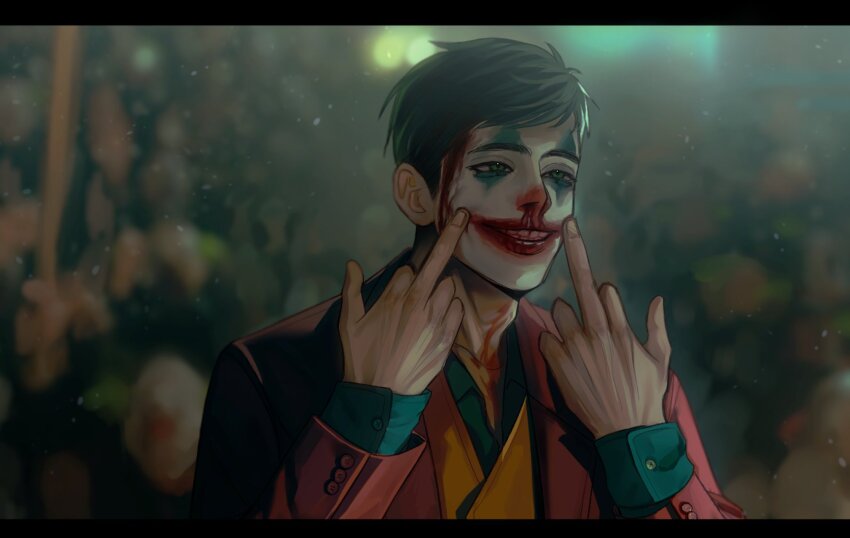 1boy, agremur, atomic_heart, black_hair, bleeding, blood, blood_from_forehead, blood_on_teeth