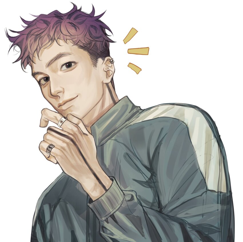 1boy, aegyo_sal, agremur, arm_tattoo, black_eyes, buzz_cut, earrings, green_track_suit