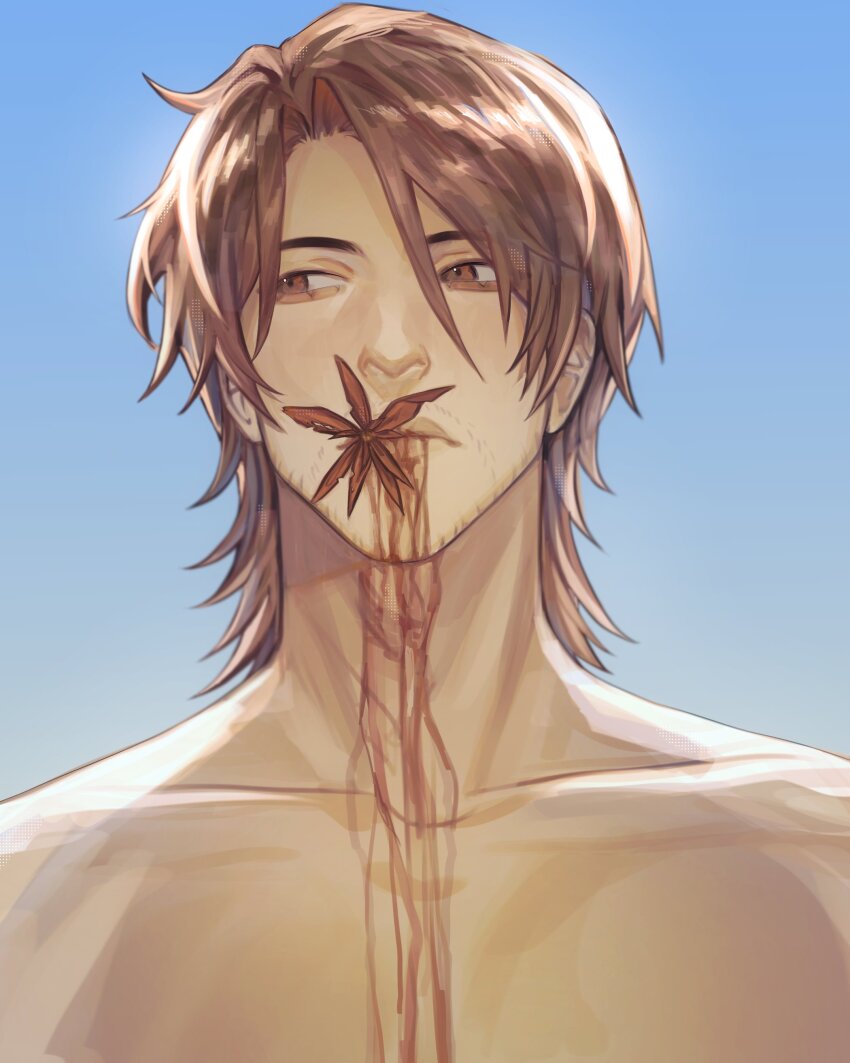 1boy, absurdres, agremur, bags_under_eyes, blood, blood_from_mouth, blood_trail, brown_eyes, brown_hair, curtained_hair, flower, flower_on_mouth, gallagher_(honkai:_star_rail), highres, honkai:_star_rail, honkai_(series), looking_to_the_side, male_focus, no_shirt, pectoral_cleavage, pectorals, serious, solo, wolf_cut