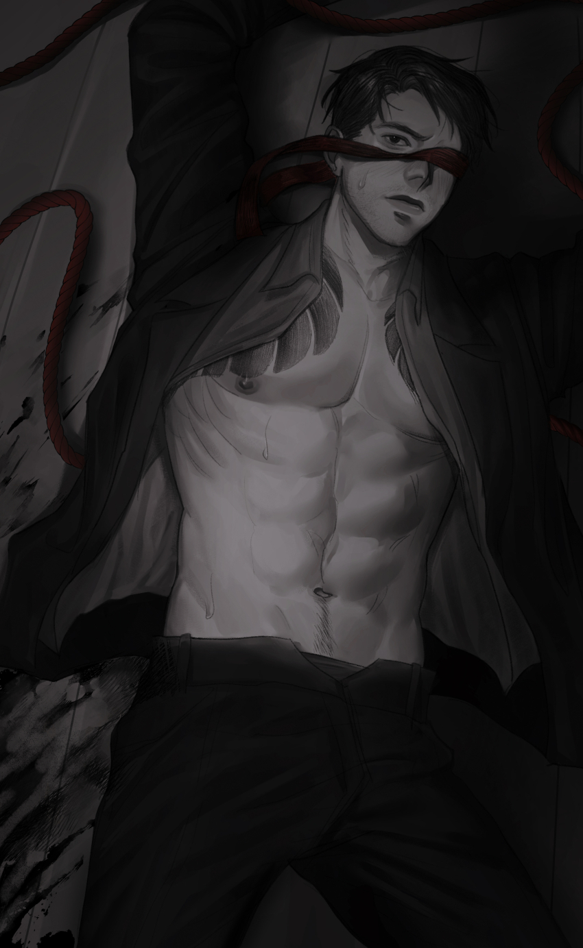 abs, agremur, arms_up, bags_under_eyes, black_eyes, black_hair, black_pants, chest_hair