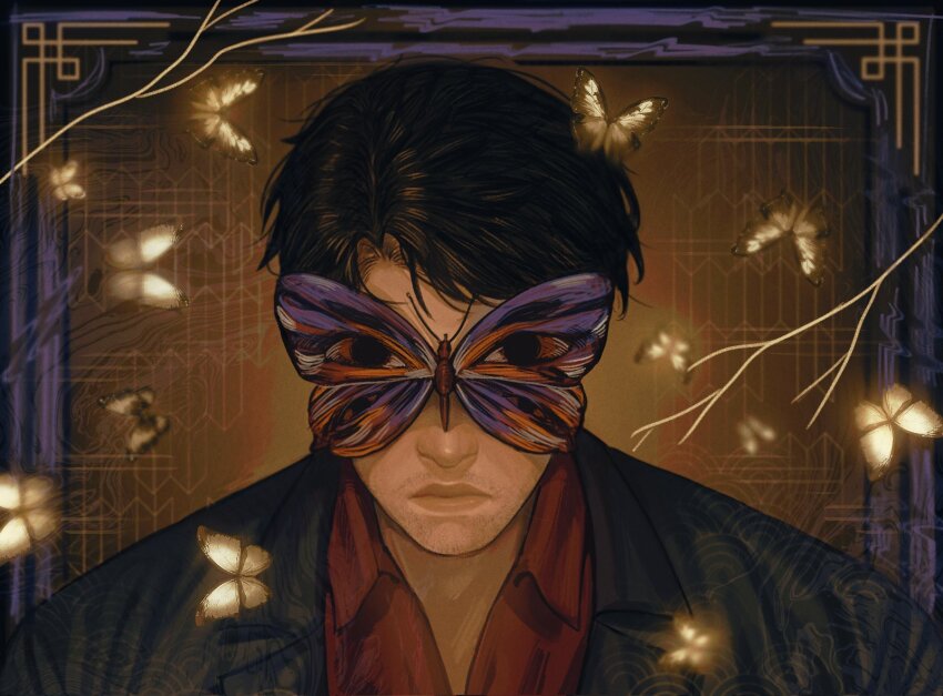 agremur, black_coat, black_hair, border, branch, bug, butterfly, butterfly_on_face