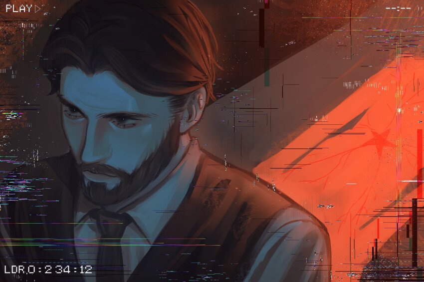 1boy, agremur, atomic_heart, bags_under_eyes, beard, black_necktie, brown_eyes, brown_hair