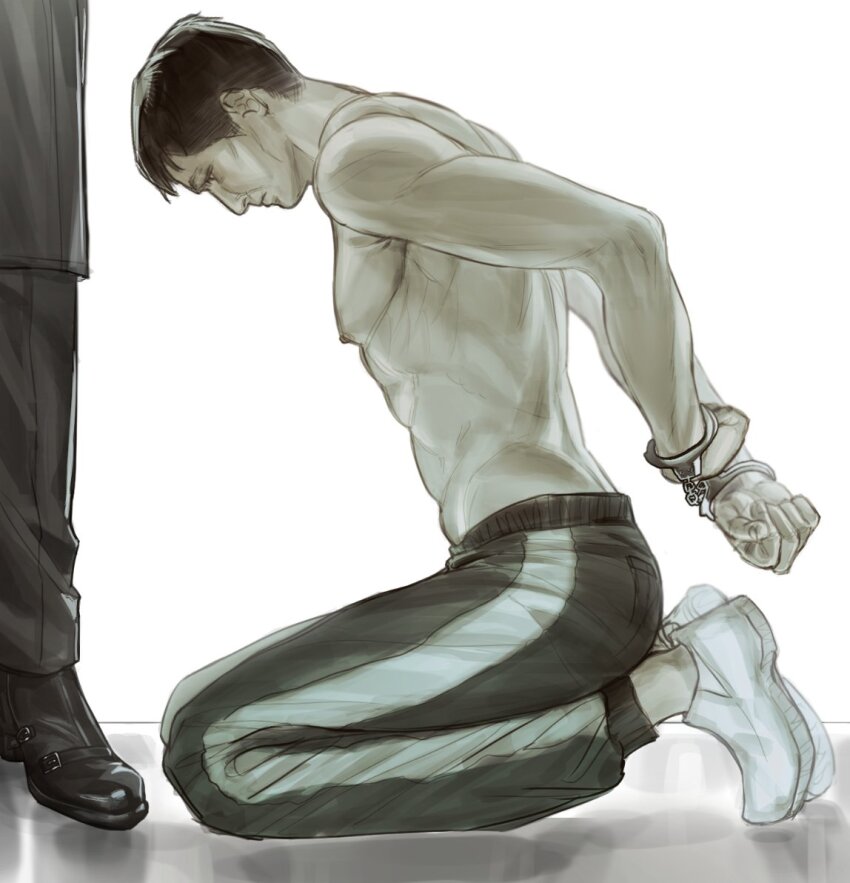 1boy, 1other, agremur, black_hair, bound, bound_wrists, cuffs, from_side