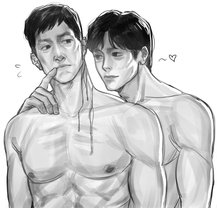 2boys, abs, agremur, bags_under_eyes, black_eyes, black_hair, bleeding, blood, blood_trail, greyscale, hand_on_another's_mouth, hand_on_another's_shoulder, heart, highres, hwang_in-ho, looking_at_another, male_focus, monochrome, multiple_boys, muscular, muscular_male, nipples, no_shirt, pectorals, seong_gi-hun, short_hair, squid_game, yaoi