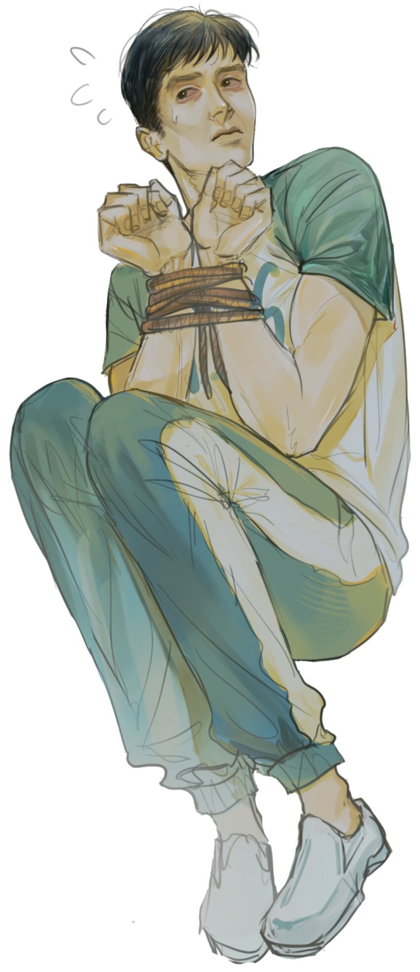 1boy, absurdres, agremur, black_eyes, black_hair, bloodshot_eyes, bound, bound_wrists