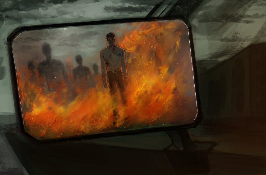 5others, absurdres, agremur, belt, black_hair, blood, blood_on_clothes, burning, car, close-up, cloud, cloudy_sky, dark, embers, facing_viewer, fire, full_body, highres, motor_vehicle, multiple_others, outdoors, people, pov, rear-view_mirror, reflection, reflection_focus, seong_gi-hun, shirt, short_hair, sky, squid_game, white_shirt