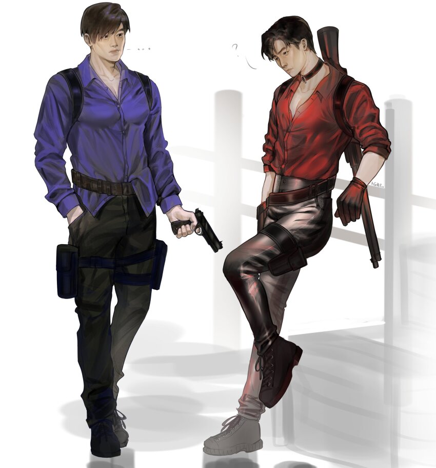 ..., 2boys, ?, absurdres, against_fence, agremur, alternate_universe, belt