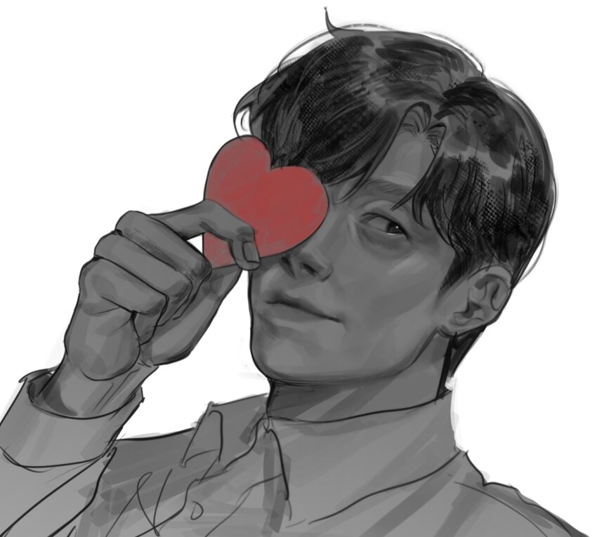 1boy, absurdres, aegyo_sal, agremur, black_eyes, black_hair, collared_shirt, covering_one_eye