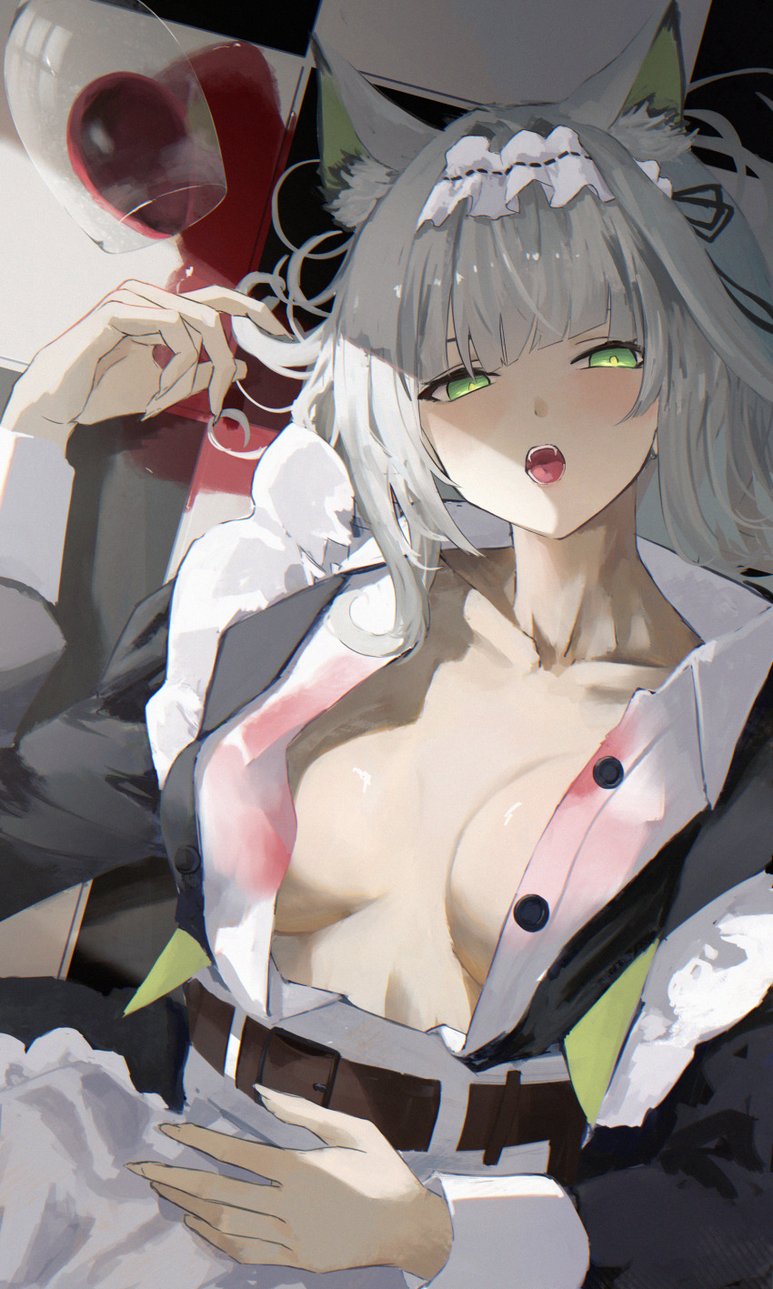 1girl, absurdres, alcohol, animal_ear_fluff, animal_ears, arknights, black_dress, breasts, cat_ears, cat_girl, checkered_floor, commentary, cup, dress, drinking_glass, green_eyes, green_hair, highres, kal'tsit_(arknights), kal'tsit_(the_remains_of_time)_(arknights), large_breasts, lying, maid, maid_headdress, official_alternate_costume, on_back, open_mouth, shikyou_yoru, short_hair, solo, teeth, upper_teeth_only, wine, wine_glass