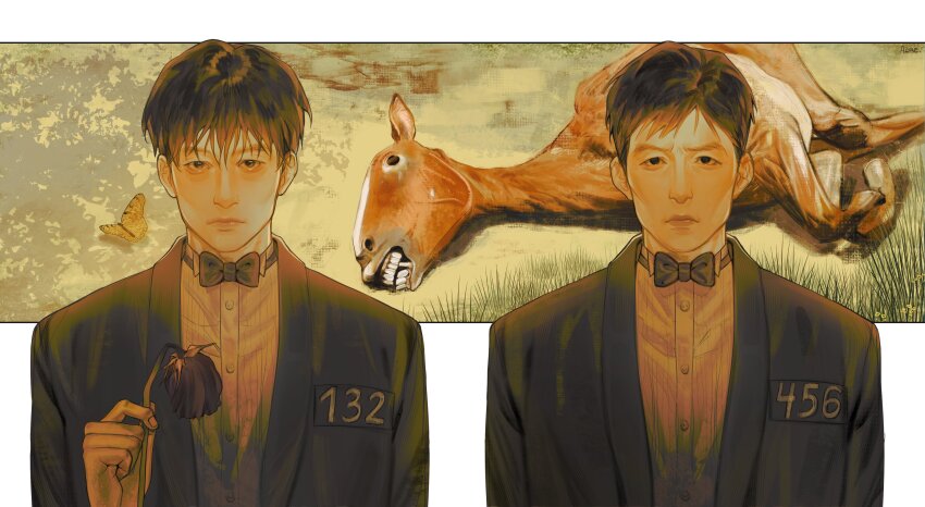 2boys, absurdres, agremur, animal, black_eyes, black_hair, bug, butterfly