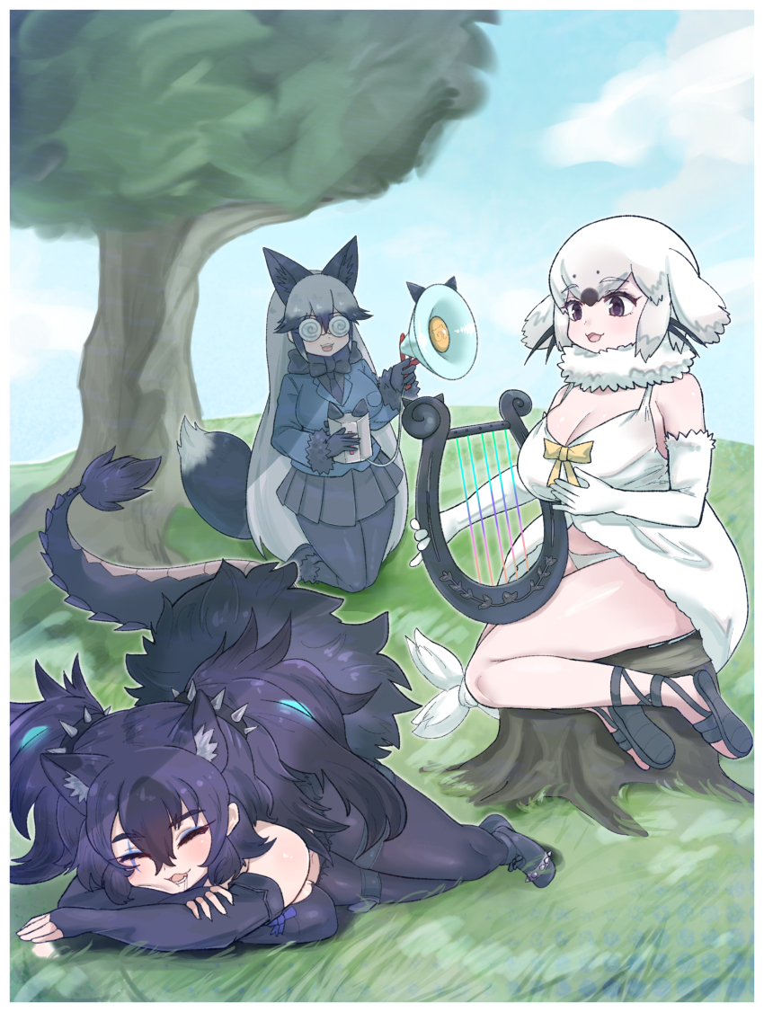 3girls, @_@, animal_ears, aramaru, babydoll, bare_shoulders, bikini, black_bow