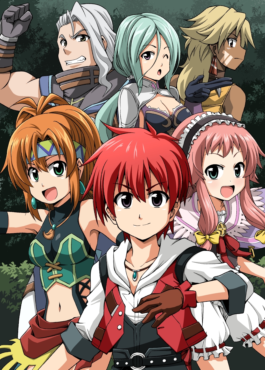 3boys, 3girls, adol_christin, bare_shoulders, blue_hair, breasts, calilica_(ys), cleavage