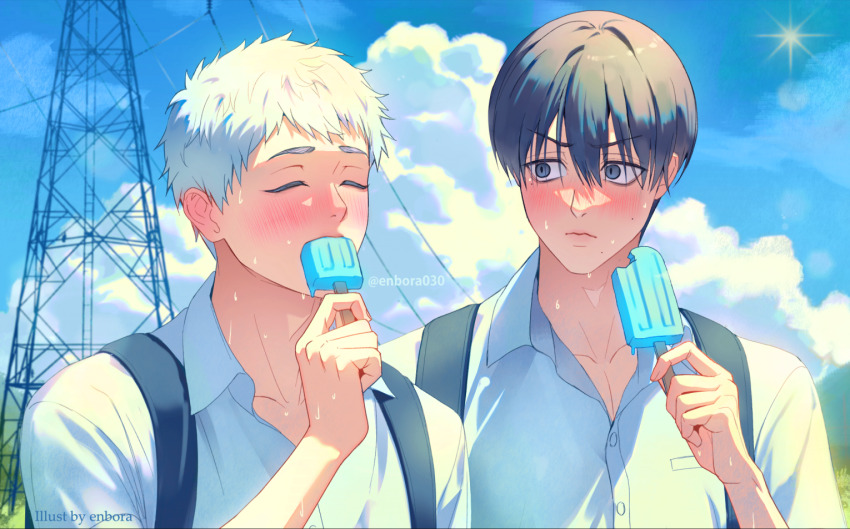 2boys, artist_name, backpack, bag, black_bag, black_hair, blush, buttons