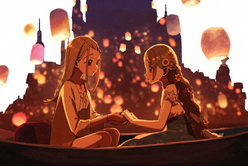 2girls, boat, camisole, cardigan, dress, flower, gakuen_idolmaster, garryaoki