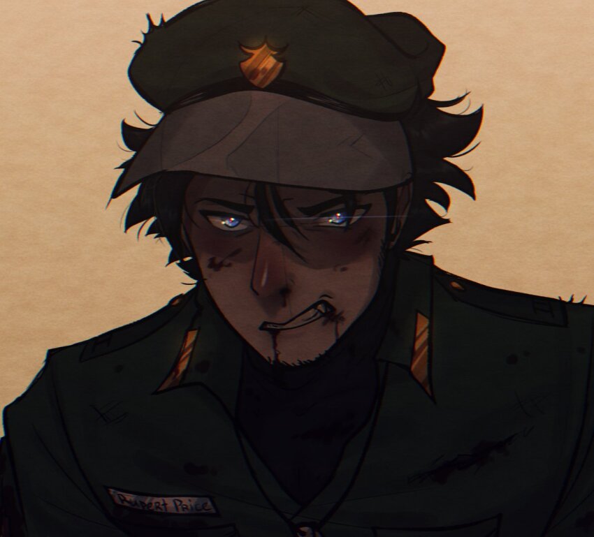 1boy, animification, black_hair, black_shirt, blood, blood_from_mouth, blue_eyes, bright_pupils