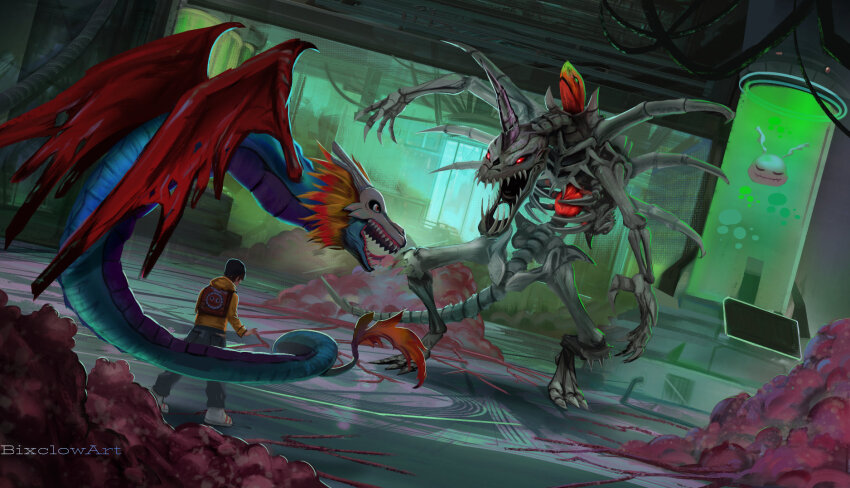 airdramon, bixclowart, digimon, digimon_world, dragon, highres, koromon, mameo_(digimon)