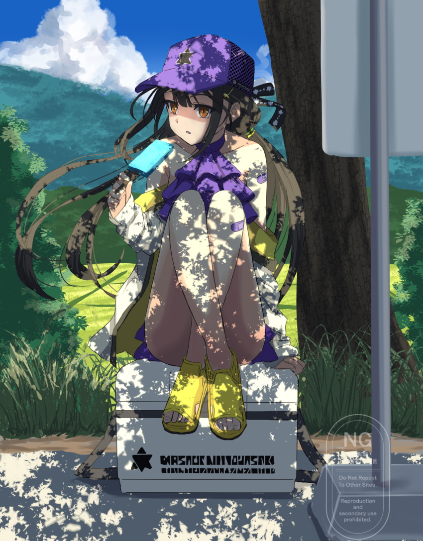 1girl, arm_at_side, bandaid, bare_arms, bare_shoulders, baseball_cap, bikini, black_hair