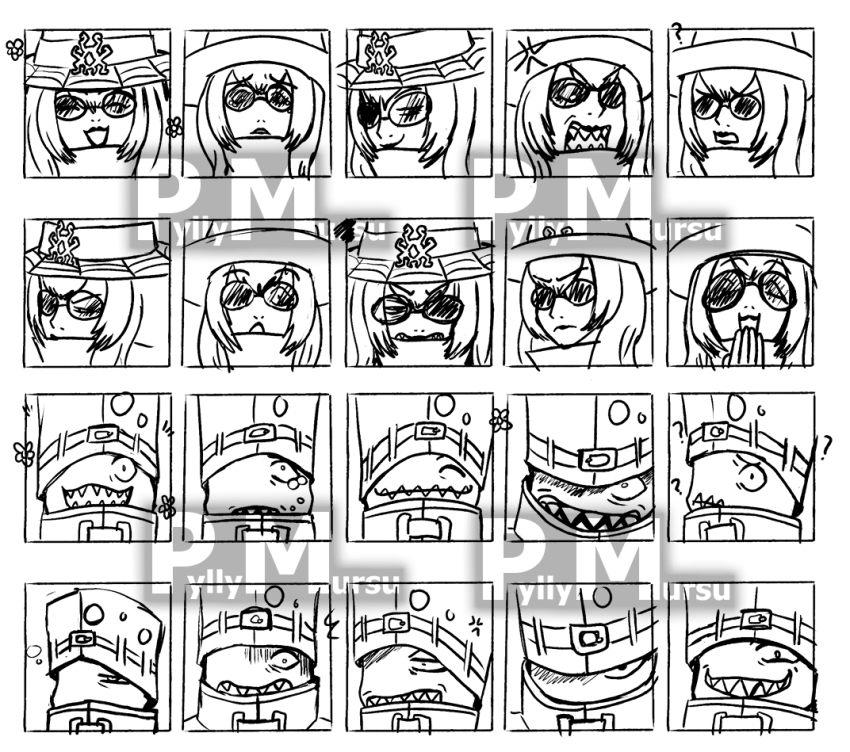 archnemon, belt, digimon, digimon_(creature), glasses, hat, long_hair, monochrome