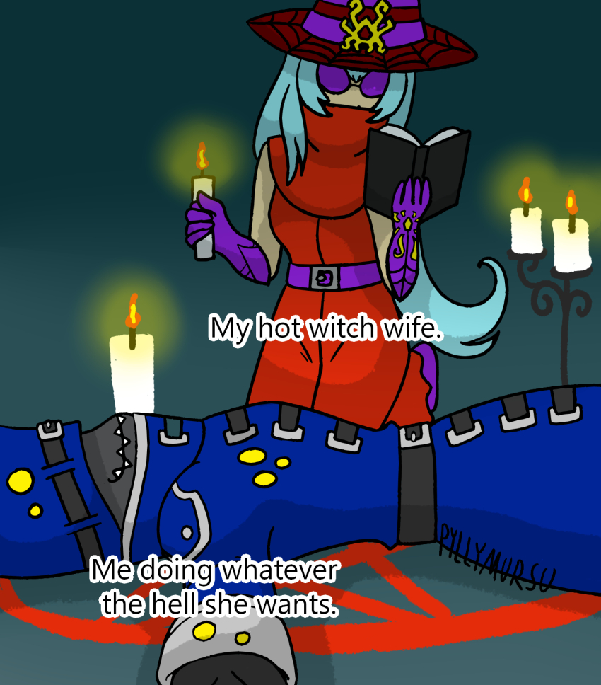 1boy, 1girl, archnemon, belt, digimon, digimon_(creature), glasses, hat, highres, long_hair, meme, mummymon, my_hot_witch_wife_(meme), pyllymursu