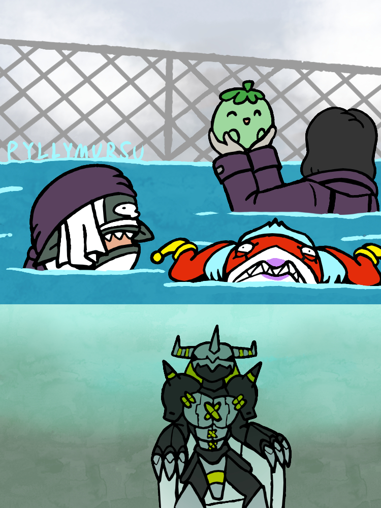 archnemon, arthropod_girl, bandages, bandana, blackwargreymon, digimon, digimon_(creature), horns