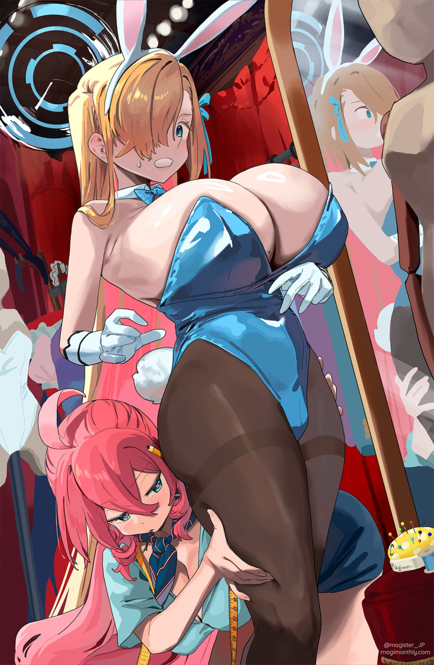 2girls, animal_ears, asuna_(blue_archive), asuna_(blue_archive)_(cosplay), asuna_(bunny)_(blue_archive), bare_shoulders, blonde_hair, blue_archive