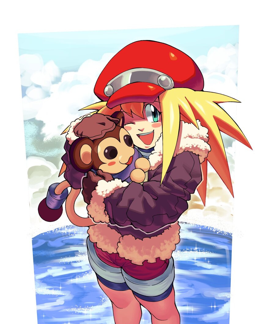 1girl, animal, animal_hug, bike_shorts, bike_shorts_under_shorts, blonde_hair, blush, brown_gloves, brown_jacket, capsule_(capsulecomputrz), cloud, commentary, data_(mega_man), english_commentary, fur-trimmed_jacket, fur_trim, gloves, green_eyes, hair_between_eyes, hat, highres, holding, holding_animal, jacket, long_hair, long_sleeves, looking_at_viewer, mega_man_(series), mega_man_legends_(series), monkey, newsboy_cap, one_eye_closed, open_mouth, red_hat, red_shorts, roll_caskett_(mega_man), shorts, smile, solo, sparkle, upper_body, wading