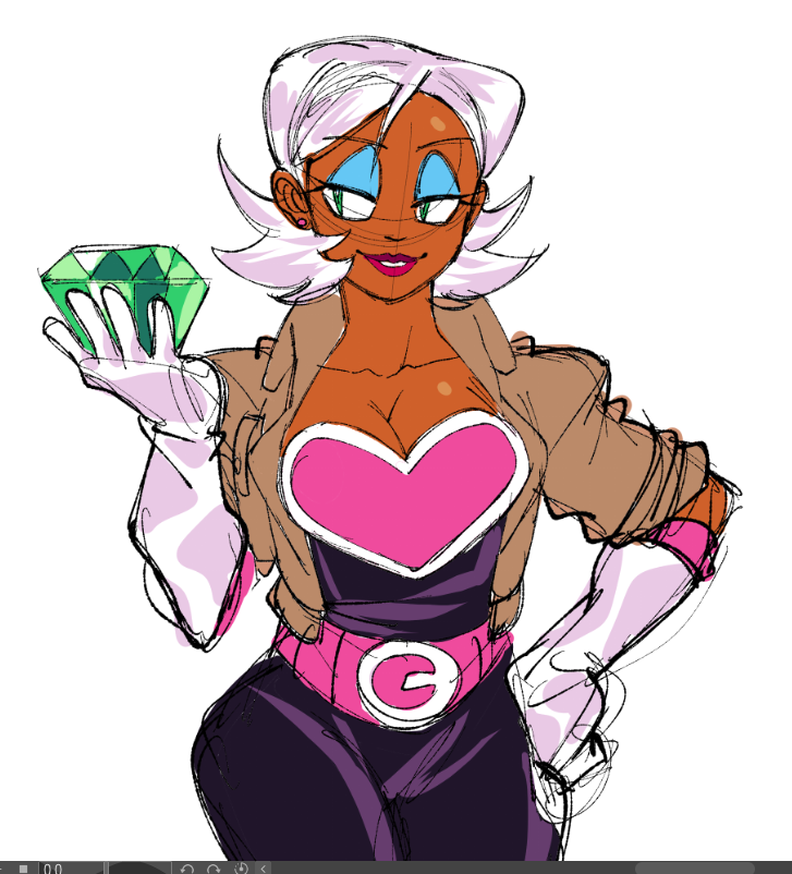 1girl, art_program_in_frame, belt, blue_eyeshadow, breasts, brown_jacket, capsule_(capsulecomputrz), chaos_emerald