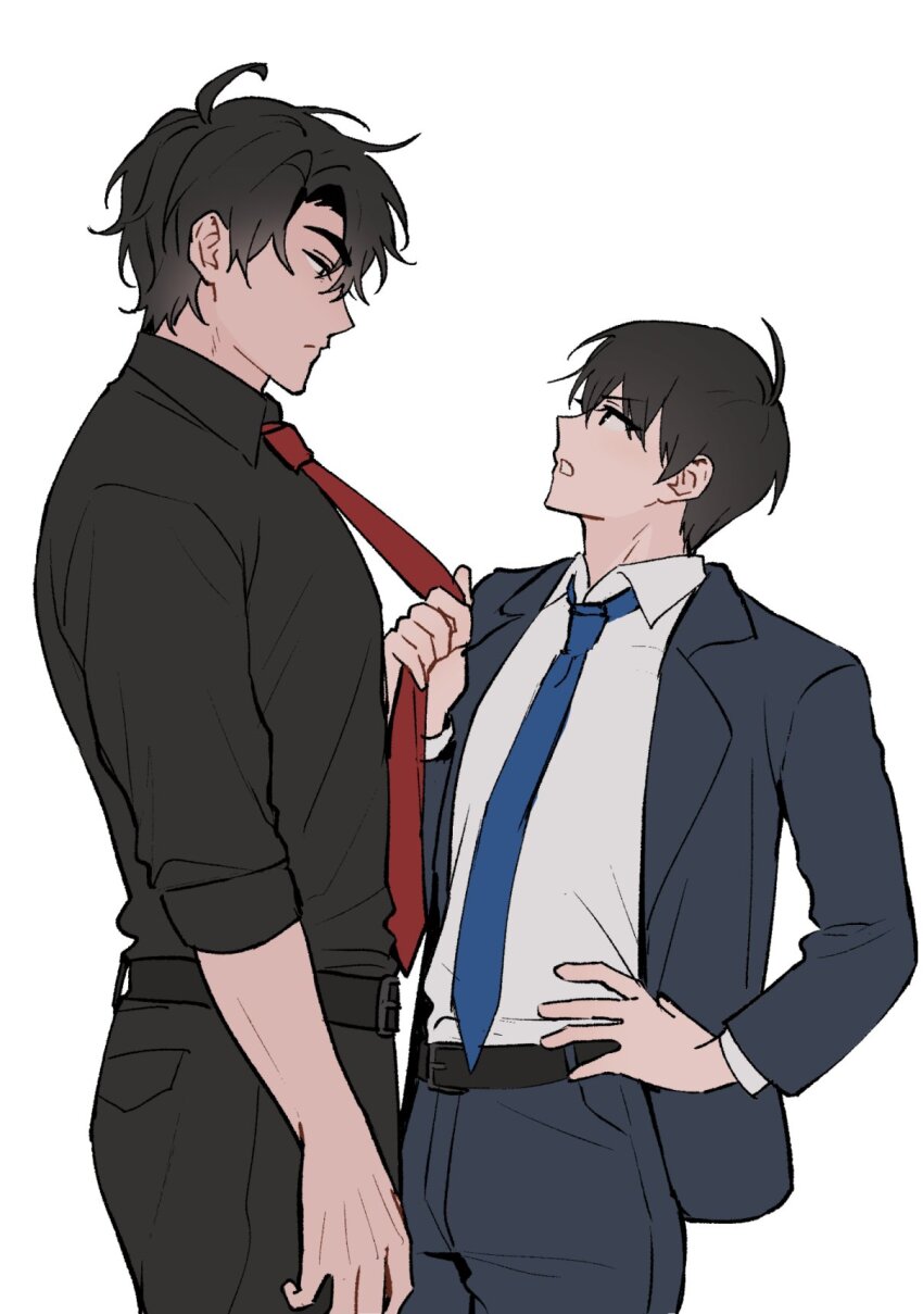 2boys, :|, ahoge, black_eyes, black_hair, black_shirt, blue_coat, blue_necktie