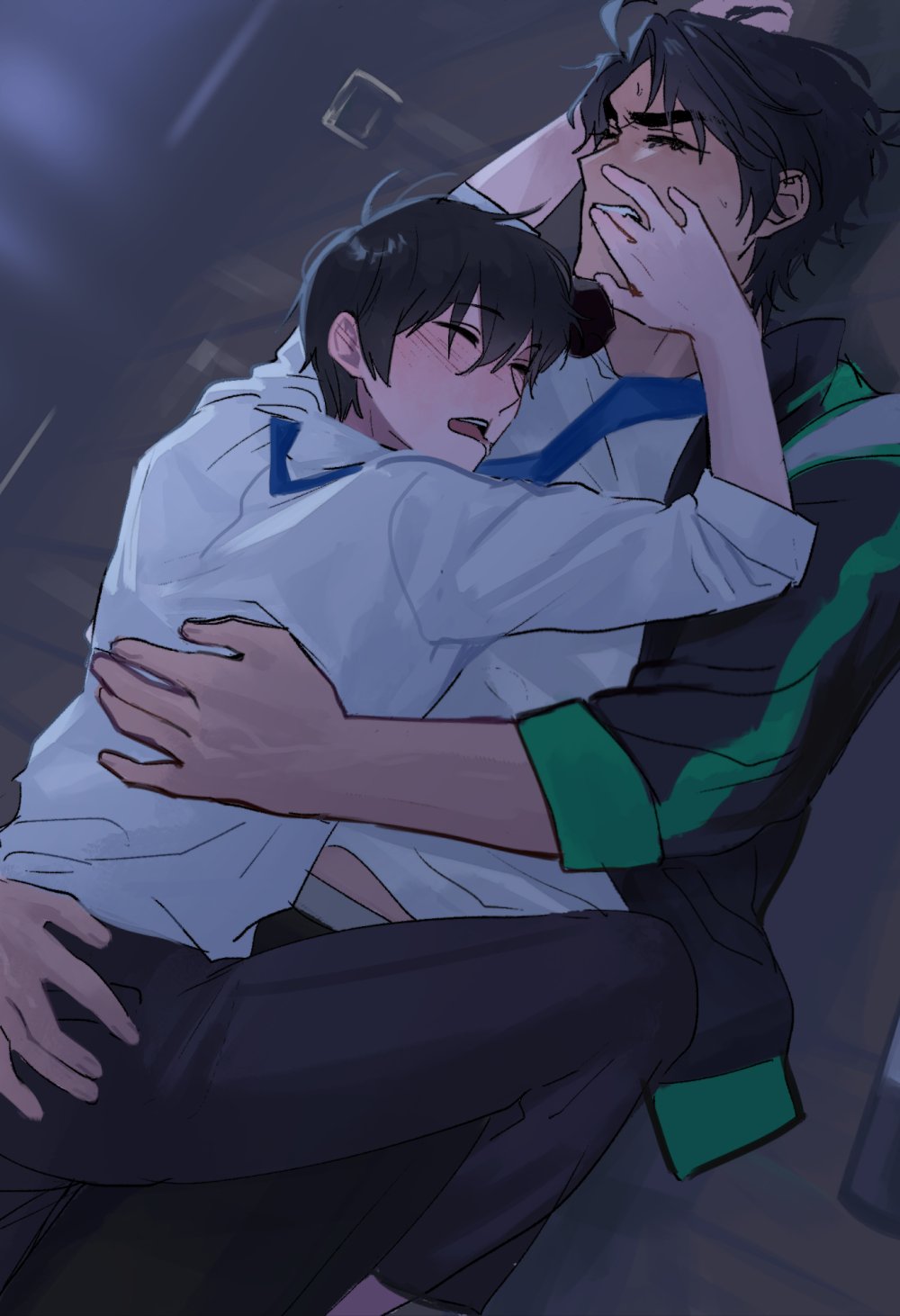 2boys, biting, black_hair, black_jacket, blue_necktie, boy_on_top, closed_eyes, green_streaks, hand_on_another's_ass, hand_on_another's_back, hand_on_another's_face, highres, jacket, kim_dokja, knees_up, male_focus, multiple_boys, necktie, omniscient_reader's_viewpoint, open_mouth, shirt, short_hair, sleeping, sleeves_rolled_up, striped_clothes, striped_jacket, taotaille, white_shirt, yaoi, yoo_joonghyuk