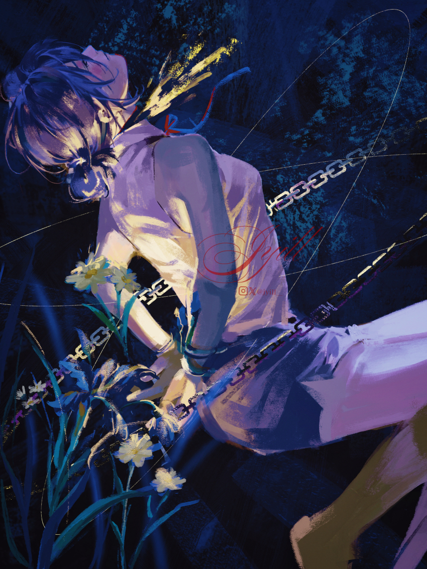 absurdres, arms_behind_back, black_choker, black_hair, black_shorts, bound, bound_wrists, breasts