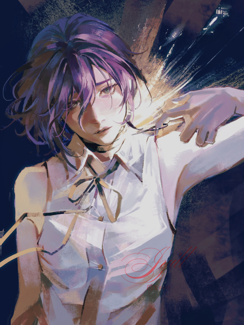 1girl, absurdres, black_choker, black_ribbon, chainsaw_man, choker, collared_shirt, grenade_pin