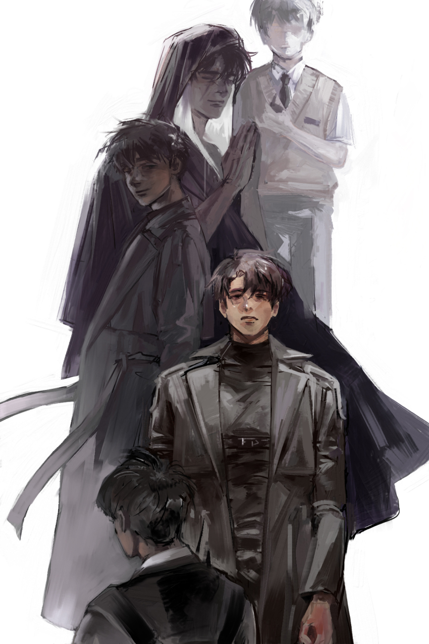5boys, awl_inthe_world, black_coat, black_eyes, black_hair, black_necktie, cloak, closed_eyes