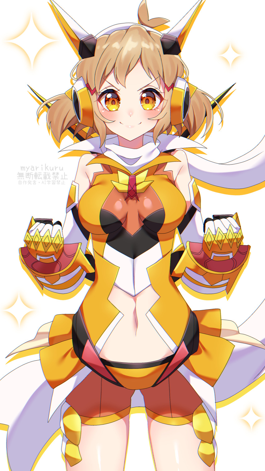 1girl, absurdres, artist_name, blush, bodysuit, breasts, breasts_apart, brown_eyes, brown_hair, closed_mouth, clothing_cutout, cowboy_shot, highres, long_hair, looking_at_viewer, medium_breasts, midriff, myarikuru, navel, orange_bodysuit, orange_shorts, senki_zesshou_symphogear, short_shorts, shorts, skin_tight, smile, solo, standing, stomach, stomach_cutout, tachibana_hibiki_(symphogear), white_background