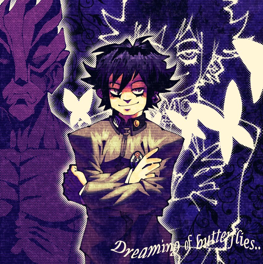 1boy, black_hair, bug, butterfly, capsule_(capsulecomputrz), closed_mouth, commentary, crossed_arms