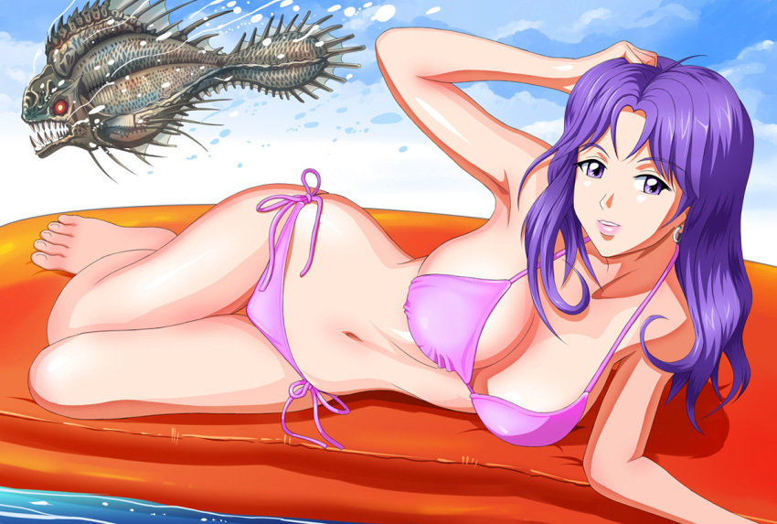 1girl, adjusting_hair, armpits, bare_shoulders, barefoot, bikini, breasts, earrings, female_focus, fish, inflatable_raft, jewelry, kagami_mira, large_breasts, lipstick, long_hair, lying, makeup, on_side, pink_bikini, purple_eyes, purple_hair, shopyun, side-tie_bikini_bottom, solo, swimsuit, tokimeki_memorial, tokimeki_memorial_1