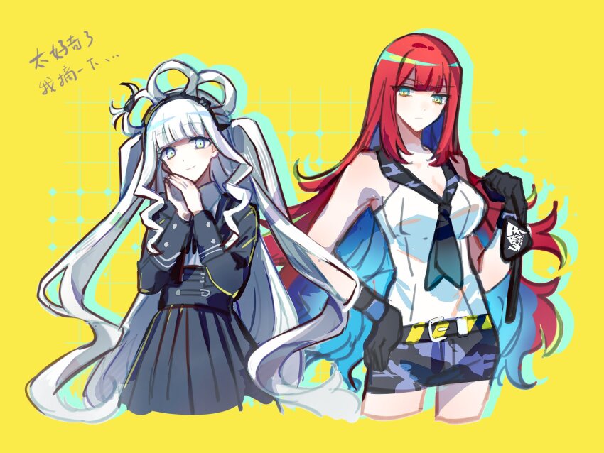 2girls, belt, black_belt, black_gloves, black_jacket, black_neckerchief, black_shorts, black_skirt