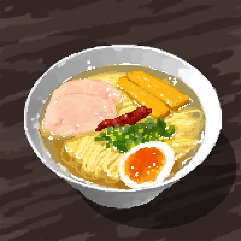 bowl, char_siu, food, food_focus, from_above, heimuer, hisachan55cute, kamaboko, no_humans, noodles, on_table, original, pixel_art, ramen, softboiled_egg, soup, table, wooden_table