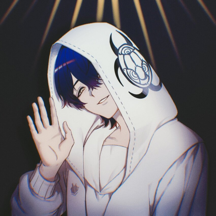 1girl, biohazard_symbol, black_background, black_hair, coat, commentary, hair_between_eyes, hand_up