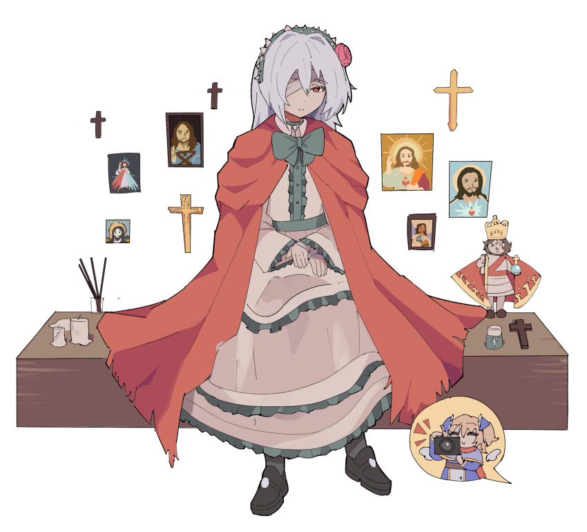 2girls, absurdres, angel, bandage_over_one_eye, black_shoes, black_socks, blonde_hair, bow