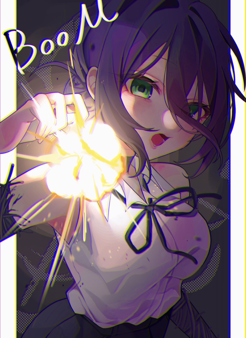 1girl, absurdres, black_ribbon, breasts, chainsaw_man, explosion, green_eyes, hair_between_eyes