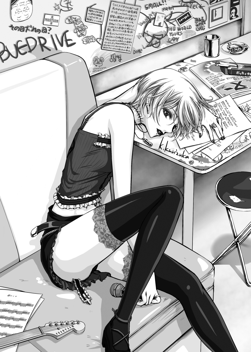 1girl, absurdres, bare_shoulders, black_lips, black_thighhighs, camisole, chaos;child, chaos;head