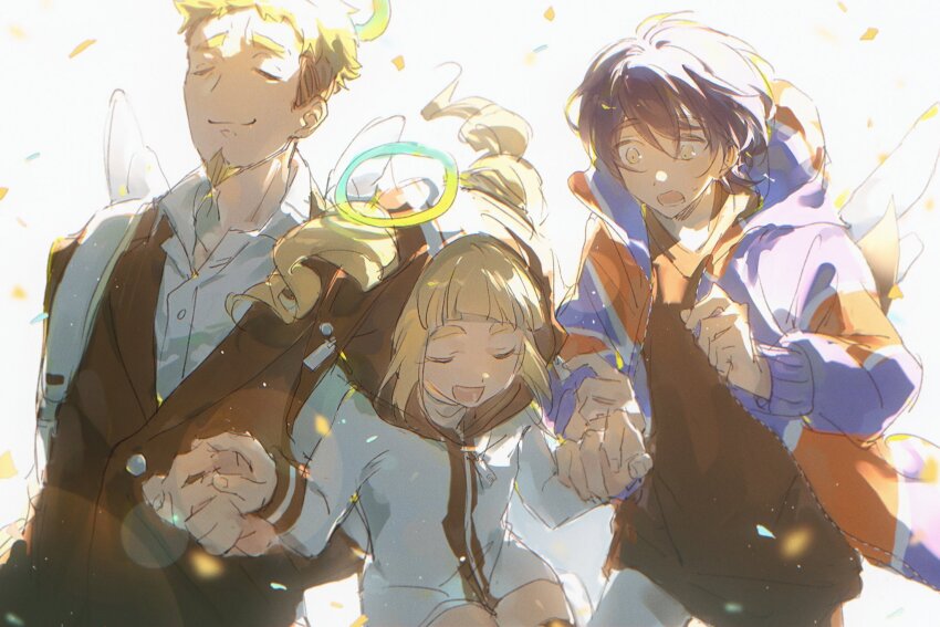 1boy, 2girls, angel, backlighting, backpack, bag, black_hair, black_jacket