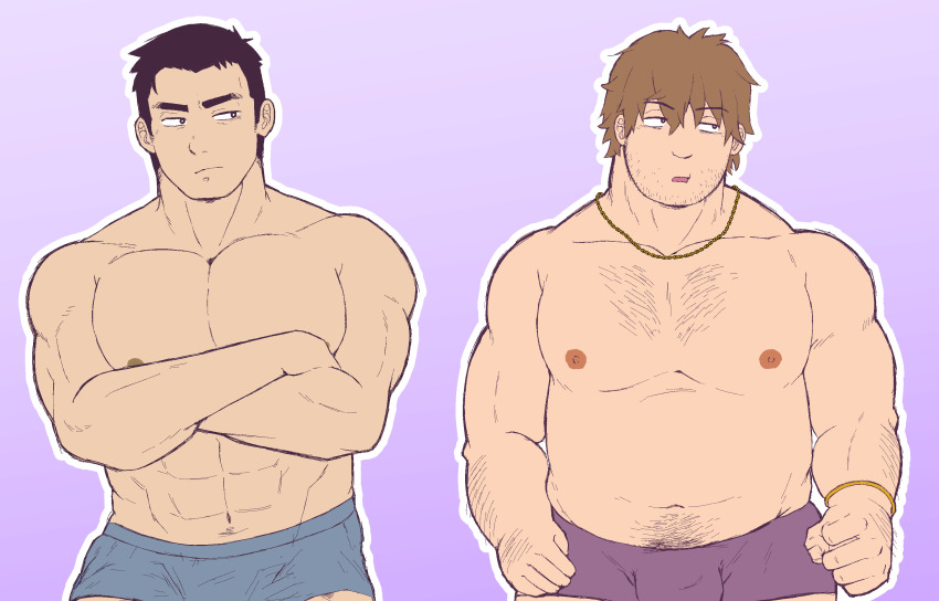 2boys, abs, absurdres, arm_hair, bara, black_eyes, black_hair, blue_male_underwear, boxer_briefs, bracelet, brown_hair, closed_mouth, copyright_request, crossed_arms, facial_hair, gold_bracelet, gold_necklace, hair_between_eyes, highres, jewelry, large_pectorals, looking_at_another, looking_to_the_side, male_focus, male_underwear, multiple_boys, muscular, muscular_male, navel_hair, necklace, original, pectorals, purple_background, purple_male_underwear, short_hair, simple_background, sparse_chest_hair, tatatan_(ts_kon2), thick_eyebrows, underwear