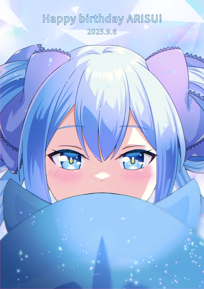 1girl, blue_eyes, blue_hair, blush, bow, covered_mouth, english_text, hair_between_eyes, hair_bow, heart, heart-shaped_pupils, highres, looking_at_viewer, ongeki, pillow, portrait, solo, suzushima_arisu, symbol-shaped_pupils, takase_(mxgr8742), twintails