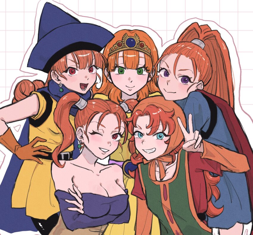 5girls, alena_(dq4), barbara_(dq6), bare_shoulders, blue_cloak, blue_eyes, blue_hat, blue_shirt, blue_tunic, blunt_bangs, border, breasts, brown_eyes, brown_hair, cleavage, cloak, closed_mouth, color_connection, crossed_arms, curly_hair, dragon_quest, dragon_quest_i, dragon_quest_iv, dragon_quest_vi, dragon_quest_vii, dragon_quest_viii, earrings, female_focus, gloves, green_eyes, grid_background, grin, hair_between_eyes, hair_color_connection, hair_tie, hat, highres, in-franchise_crossover, jessica_albert, jewelry, large_breasts, long_hair, maribel_(dq7), medium_breasts, multiple_girls, off-shoulder_shirt, off_shoulder, one_eye_closed, open_mouth, orange_gloves, orange_hood, orange_shirt, pantyhose, parted_lips, pggnqsjwrc62509, ponytail, princess_laura, purple_eyes, red_cloak, red_shirt, shirt, sidelocks, smile, teeth, tiara, trait_connection, tunic, twintails, upper_body, v, white_border, wink, yellow_tunic