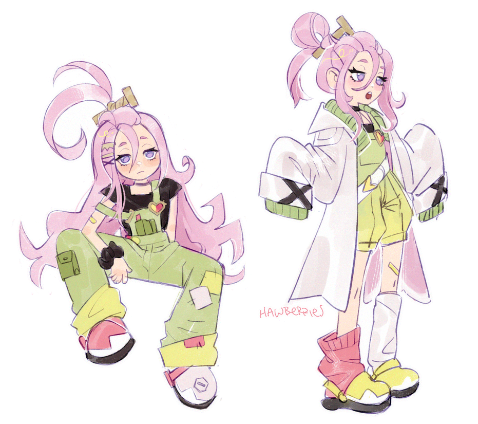 1girl, aino_(genshin_impact), black_shirt, coat, genshin_impact, green_overalls, hair_ornament, hawberries, long_hair, long_sleeves, looking_at_viewer, multiple_views, open_clothes, open_coat, overalls, pink_hair, purple_eyes, shirt, shoes, simple_background, sitting, sleeves_past_fingers, sleeves_past_wrists, socks, standing, very_long_hair, white_background, white_coat, yellow_shoes