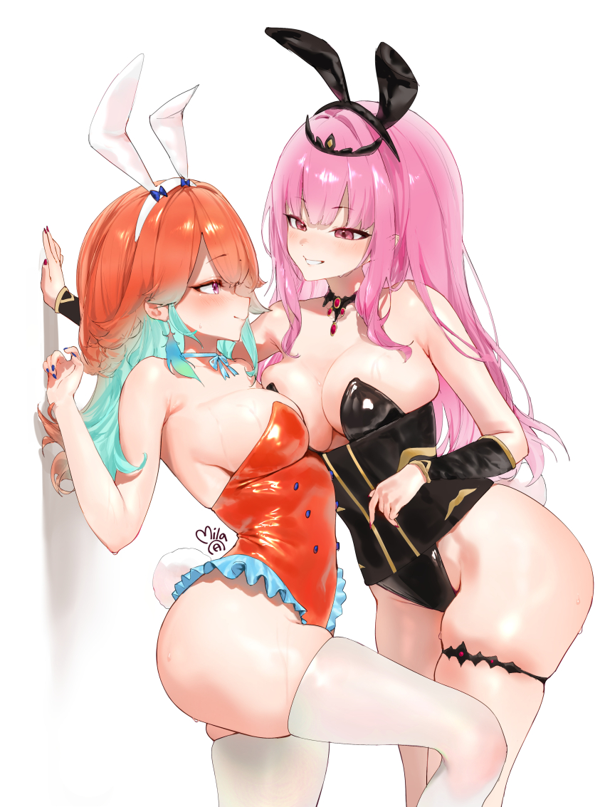2girls, absurdres, alternate_costume, animal_ears, black_leotard, blush, bow, bow_choker