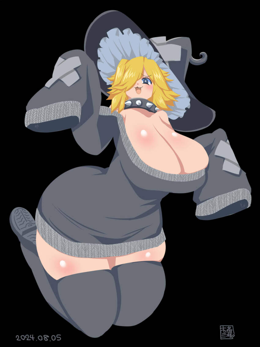 1girl, :3, black_background, black_collar, black_eyes, blonde_hair, blush, breasts