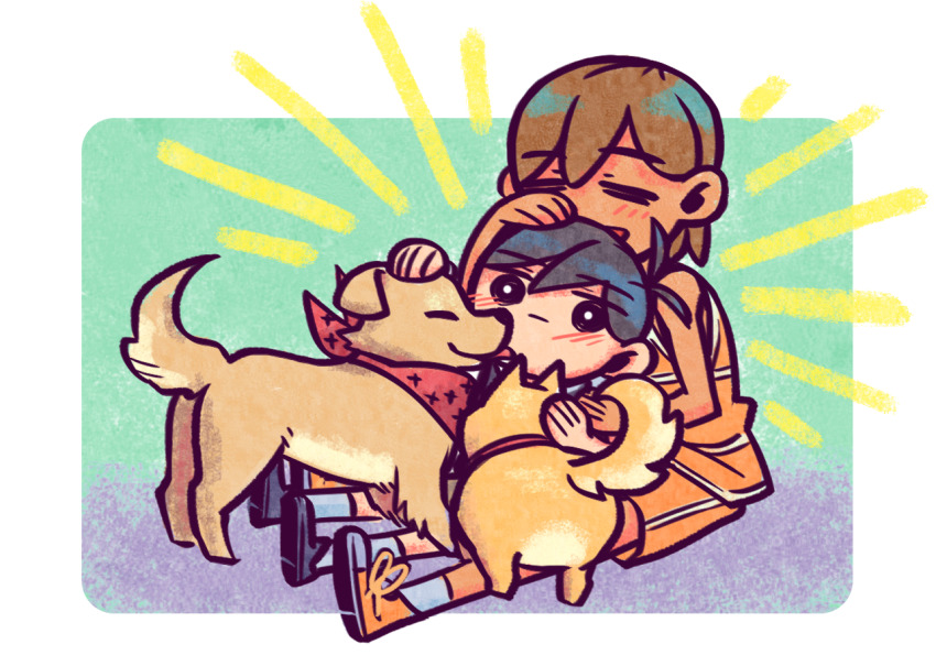 2boys, =_=, bandana, black_hair, black_shoes, black_sweater_vest, blush, bright_pupils